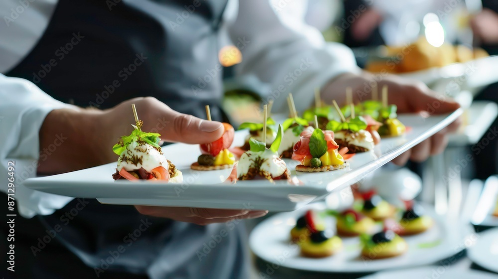 Closeup waiter serving finger food dessert on the tray during a cocktail parties or events catering. Generative AI Closeup waiter serving finger food dessert on the tray during a cocktail parties or events catering. Generative AI