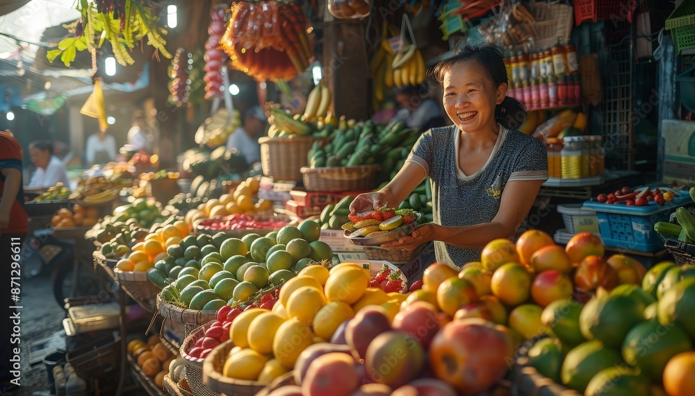 A vibrant farmer's market stall overflowing with fresh fruits and vegetables, with a smiling vendor offering a sample to a passerby A vibrant farmer's market stall overflowing with fresh fruits and vegetables, with a smiling vendor offering a sample to a passerby