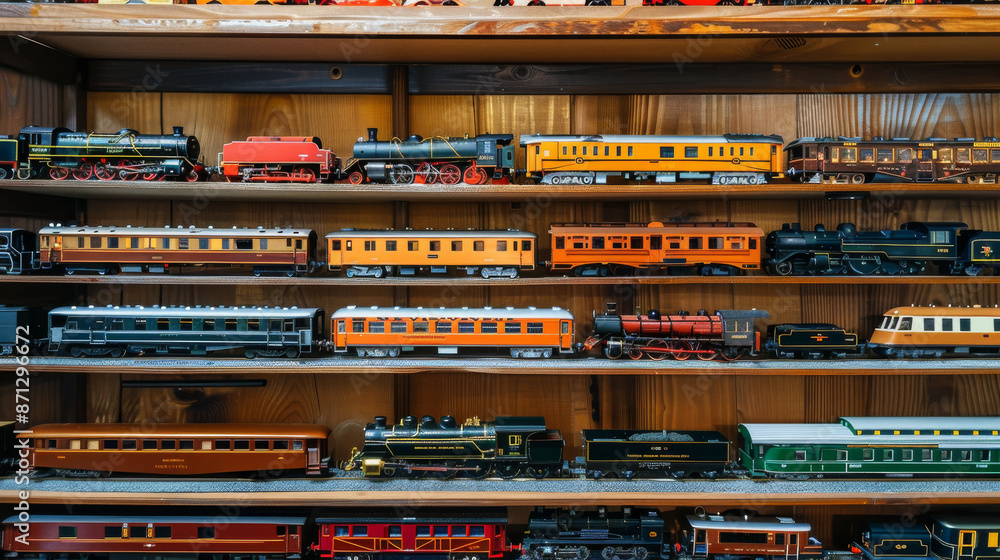 Rows of intricately detailed model trains are displayed on wooden shelves, reflecting the dedication of a collector's pastime. Rows of intricately detailed model trains are displayed on wooden shelves, reflecting the dedication of a collector's pastime.