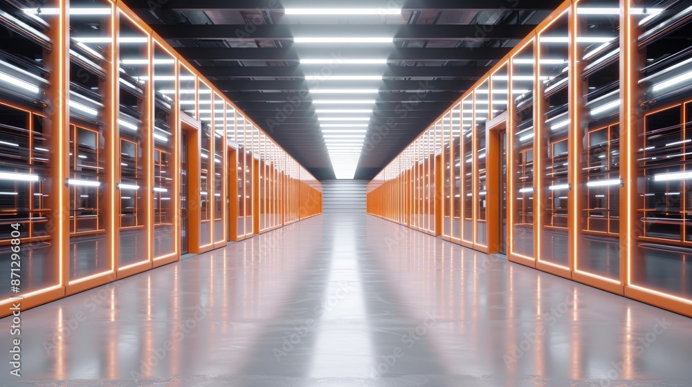 Obraz premium Neon-lit long aisle in a futuristic warehouse, orange pallet racks, high-tech conveyor systems, efficient logistics in a brightly illuminated space