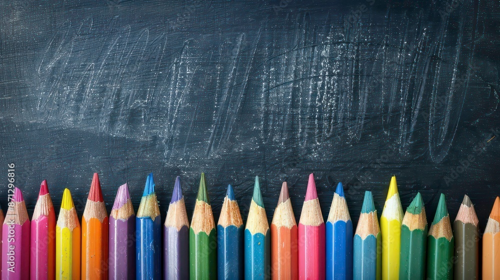 Colorful pencils on the black chalk board. Generative AI Colorful pencils on the black chalk board. Generative AI