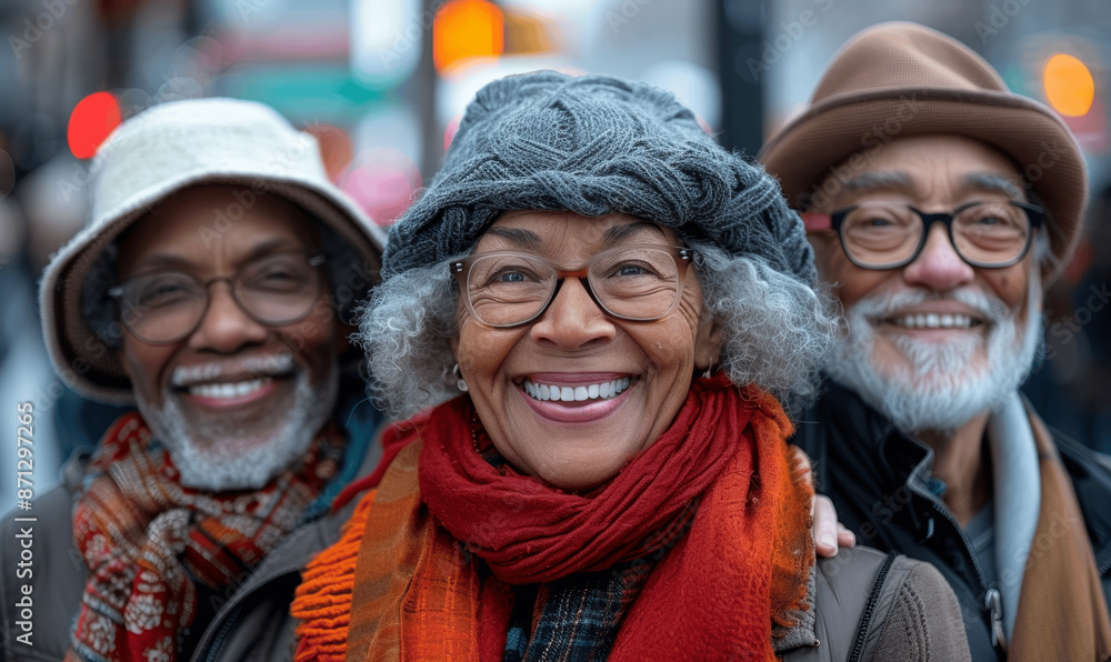 Smiling multi-racial senior friends at winter street festival in New York City posing for camera - Elderly people enjoying day out in warm jackets scarves hats - Happy older men and women outdoors Smiling multi-racial senior friends at winter street festival in New York City posing for camera - Elderly people enjoying day out in warm jackets scarves hats - Happy older men and women outdoors