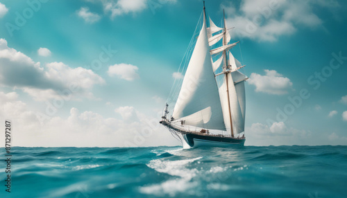 Low-angle shot of a majestic sailboat with white sails billowing in the wind, cruising across a calm turquoise sea. photo