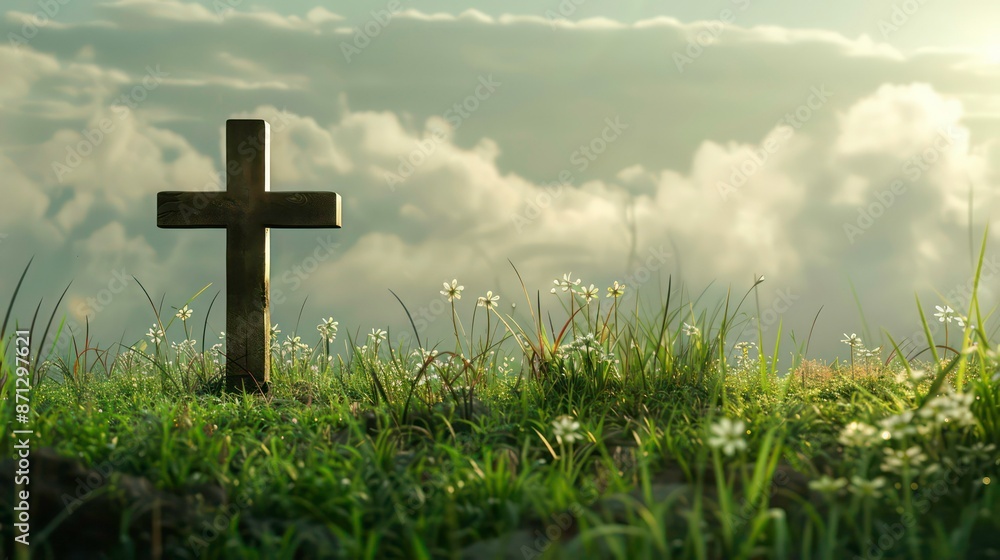Cross in a meadow with copy space. Generative AI Cross in a meadow with copy space. Generative AI