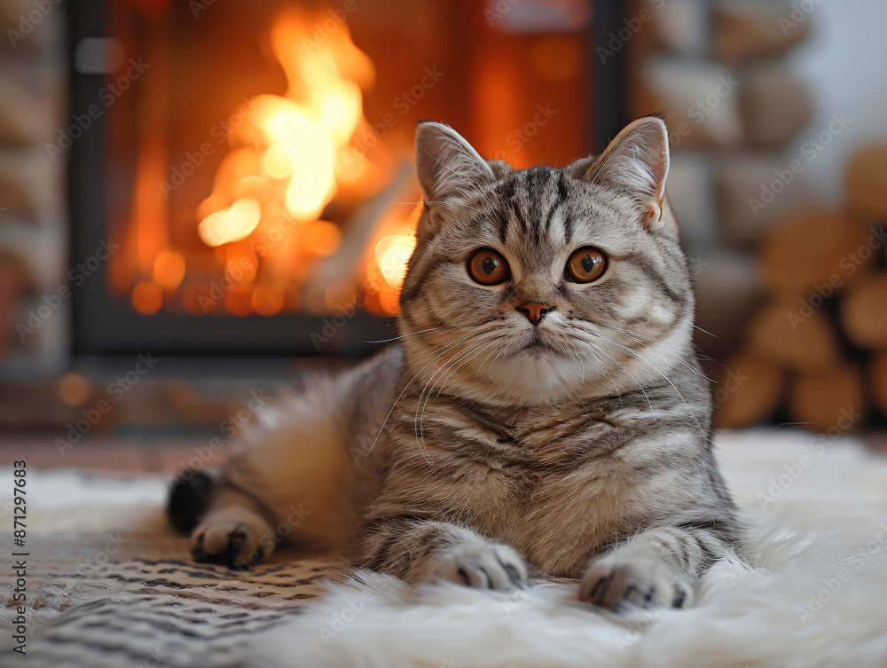 a grey cat with big, expressive eyes sitting on a white rug in front of a fireplace with a fire burning a grey cat with big, expressive eyes sitting on a white rug in front of a fireplace with a fire burning