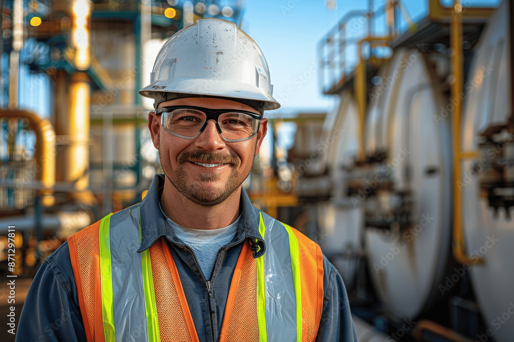 Smiling Engineer in Hard Hat and Safety Vest at Industrial Site with Oil Production Tanks Smiling Engineer in Hard Hat and Safety Vest at Industrial Site with Oil Production Tanks