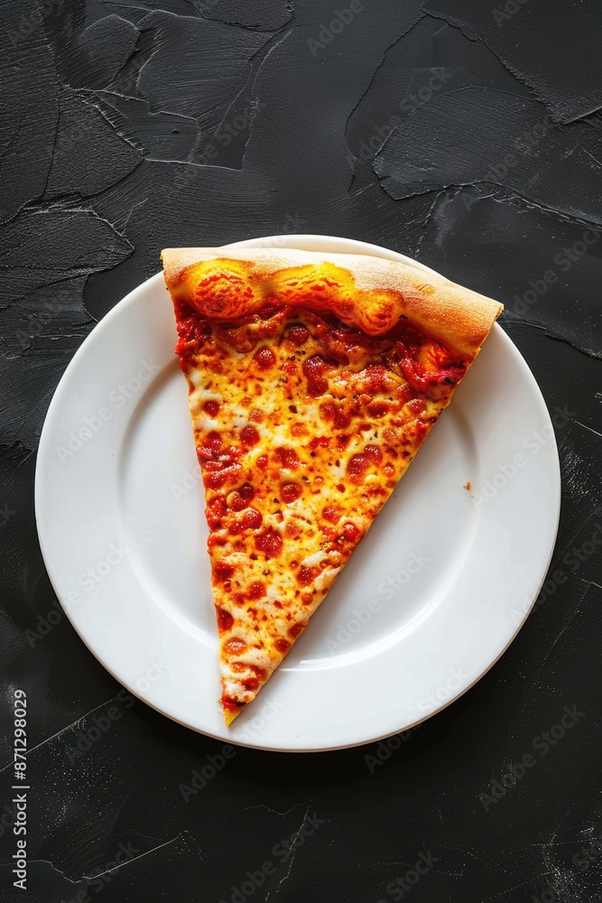 Slice of fresh cheese pizza on white plate, top view on black background. Traditional Italian cuisine dish Slice of fresh cheese pizza on white plate, top view on black background. Traditional Italian cuisine dish