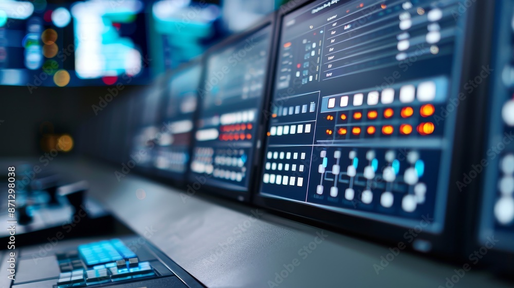 Control panels and advanced machinery, intricate interface design, filled with monitors, illustrating the meticulous process, highly detailed Control panels and advanced machinery, intricate interface design, filled with monitors, illustrating the meticulous process, highly detailed