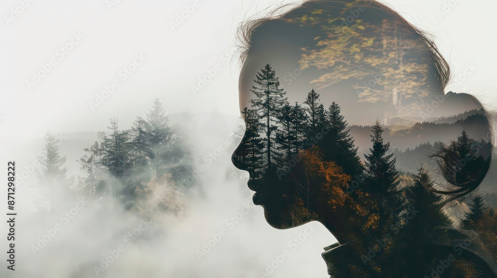 Double exposure of a woman's head with forest landscape in the background. Generative AI Double exposure of a woman's head with forest landscape in the background. Generative AI