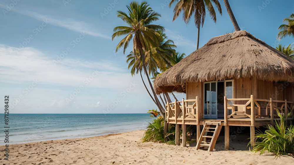 A house on a beach with a thatched roof and palm tree travel background. Ai generative A house on a beach with a thatched roof and palm tree travel background. Ai generative