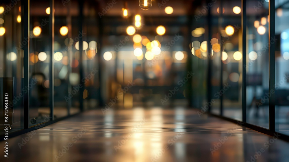 Empty office space with blurred background lights for design purposes. Generative AI Empty office space with blurred background lights for design purposes. Generative AI