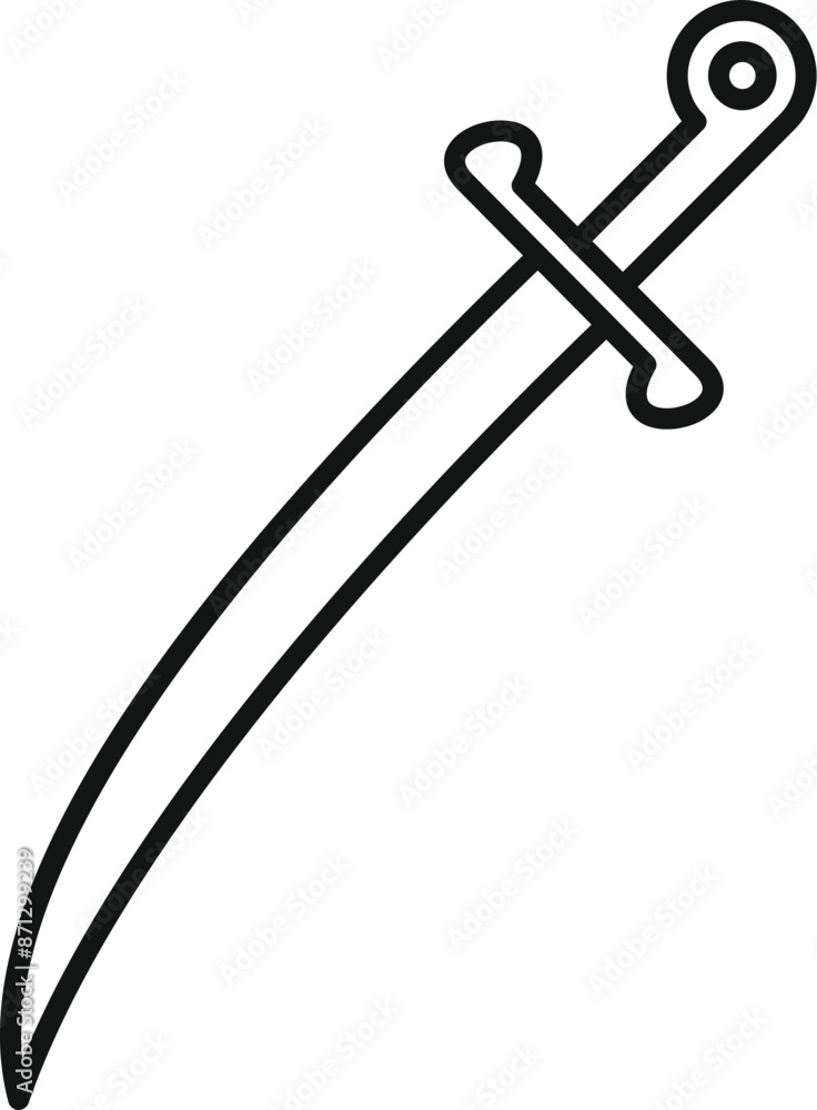 Simple line art icon of a curved sword, symbolizing strength, defense, and historical weaponry Simple line art icon of a curved sword, symbolizing strength, defense, and historical weaponry