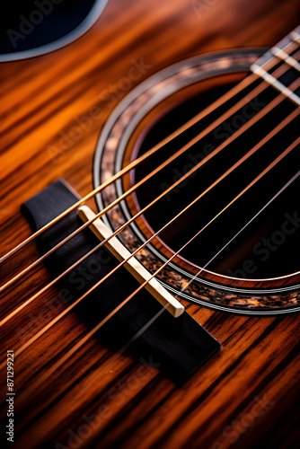 A Close-Up View of An Artistically Crafted Wooden Acoustic Guitar Waiting to Be Played