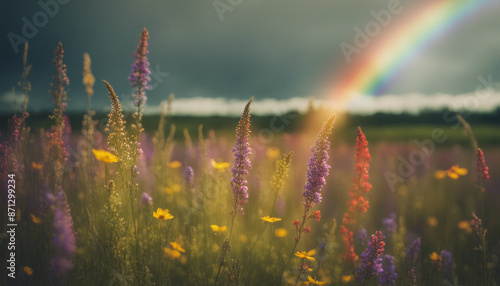 Wide shot of a vast field of wildflowers swaying gently in the summer breeze, with a vibrant rainbow arcing across the sky.