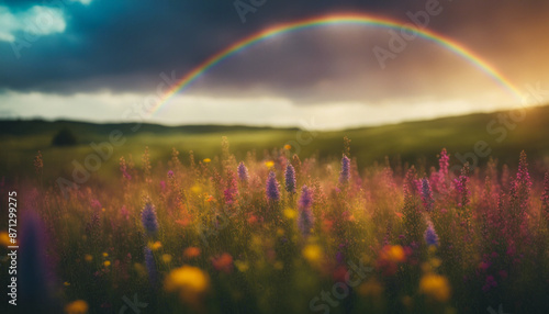 Wide shot of a vast field of wildflowers swaying gently in the summer breeze, with a vibrant rainbow arcing across the sky.