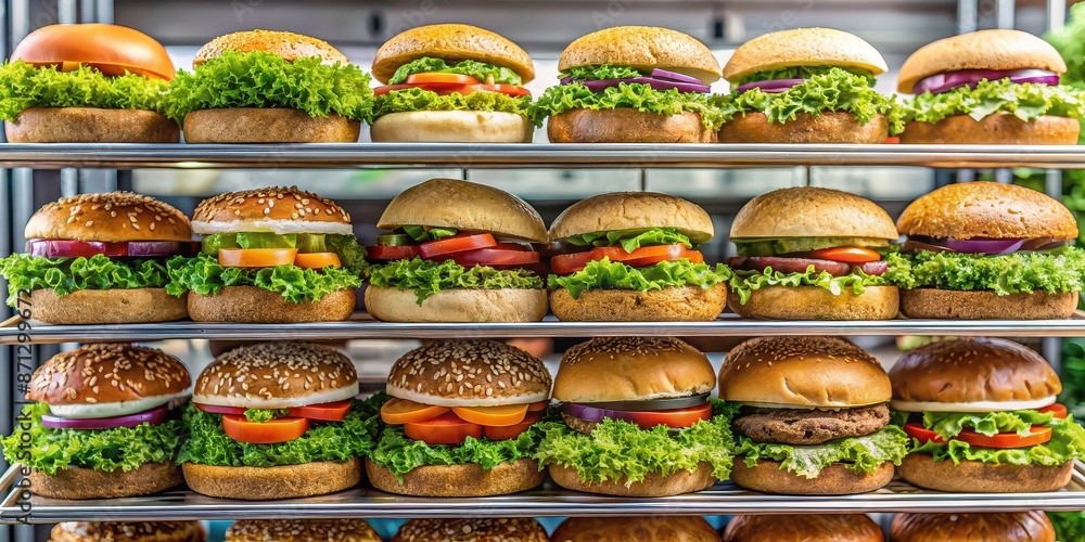 Grocery shelf stocked with a variety of plant-based burgers , plant-based, food, burgers, vegan Grocery shelf stocked with a variety of plant-based burgers , plant-based, food, burgers, vegan