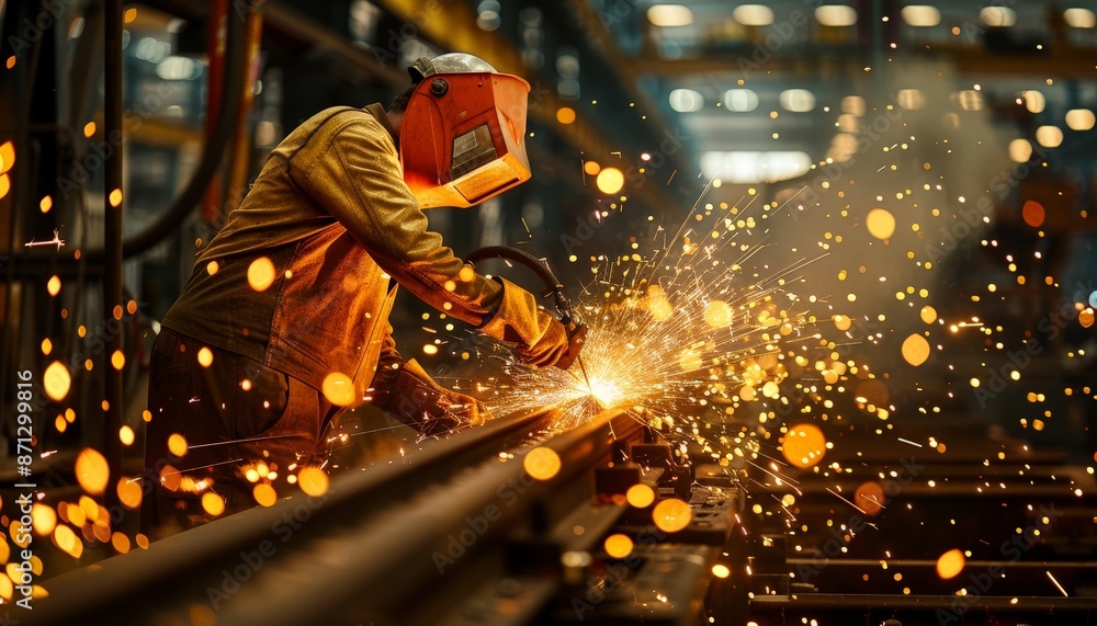 A worker operating a large industrial machine in a bustling factory, sparks flying as metal is being welded A worker operating a large industrial machine in a bustling factory, sparks flying as metal is being welded