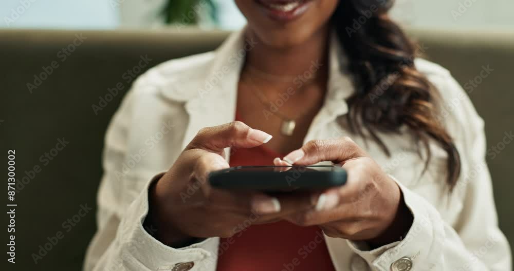 Typing, phone and hands of woman in home with text, social media and mobile app chat with smile. Technology, relax and lounge sofa with notification, scroll and digital search on website message Typing, phone and hands of woman in home with text, social media and mobile app chat with smile. Technology, relax and lounge sofa with notification, scroll and digital search on website message