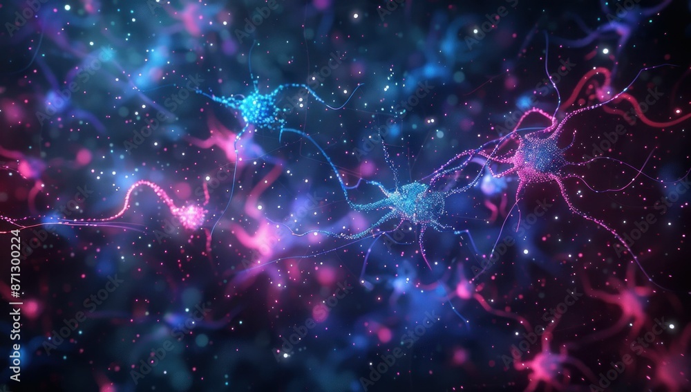 Obraz premium Abstract Neurons Illuminated by Blue and Pink Lights in Dark Space, Medical Science Concept
