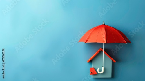 House figure under umbrella, property safety and insurance concept on isolated blue background. Generative AI