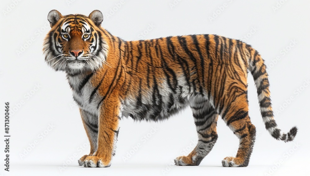 Naklejka premium Striped Tiger Standing on White Background