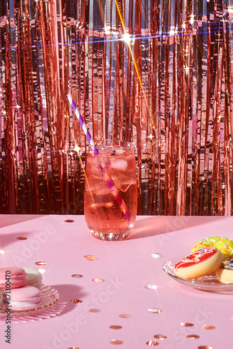  Retro party table with sofft drink on bright pink table and shi