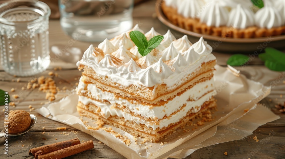 Napoleon cake slice with cream on parchment layered pie and water Sweet dessert display with wood backdrop Napoleon cake slice with cream on parchment layered pie and water Sweet dessert display with wood backdrop