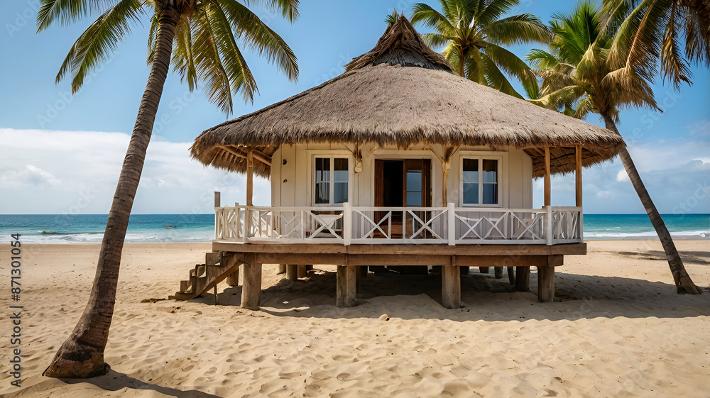 A house on a beach with a thatched roof and palm tree travel background. Ai generative A house on a beach with a thatched roof and palm tree travel background. Ai generative