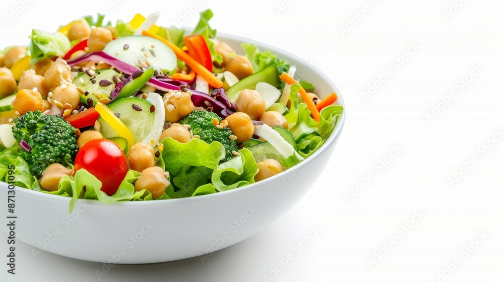 Healthy vegan salad bowl, chickpeas, vibrant vegetables, seeds, plant-based display, isolated background, studio lighting, great for food ads Healthy vegan salad bowl, chickpeas, vibrant vegetables, seeds, plant-based display, isolated background, studio lighting, great for food ads