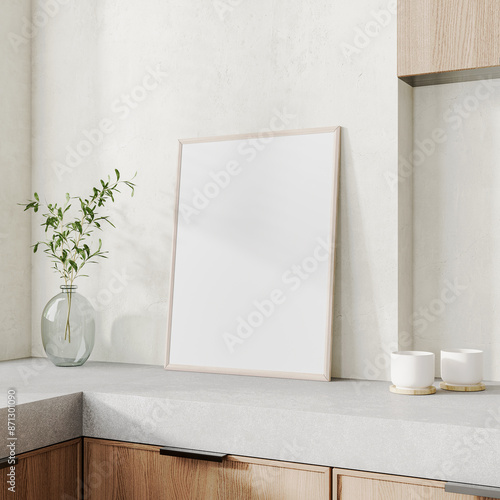 Poster frame mock up in modern kicthen interior background, 3d render