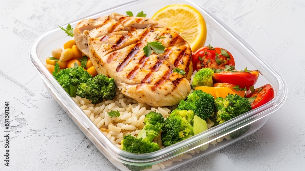Meal prep container with grilled chicken breast, brown rice, broccoli, and steamed vegetables, healthy food display, isolated background, studio lighting, perfect for advertising Meal prep container with grilled chicken breast, brown rice, broccoli, and steamed vegetables, healthy food display, isolated background, studio lighting, perfect for advertising