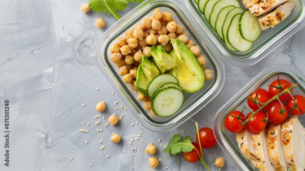 Meal prep with chickpeas, chicken, tomatoes, cucumbers, and avocados in glass containers, isolated background, studio lighting, visually appealing and healthy Meal prep with chickpeas, chicken, tomatoes, cucumbers, and avocados in glass containers, isolated background, studio lighting, visually appealing and healthy
