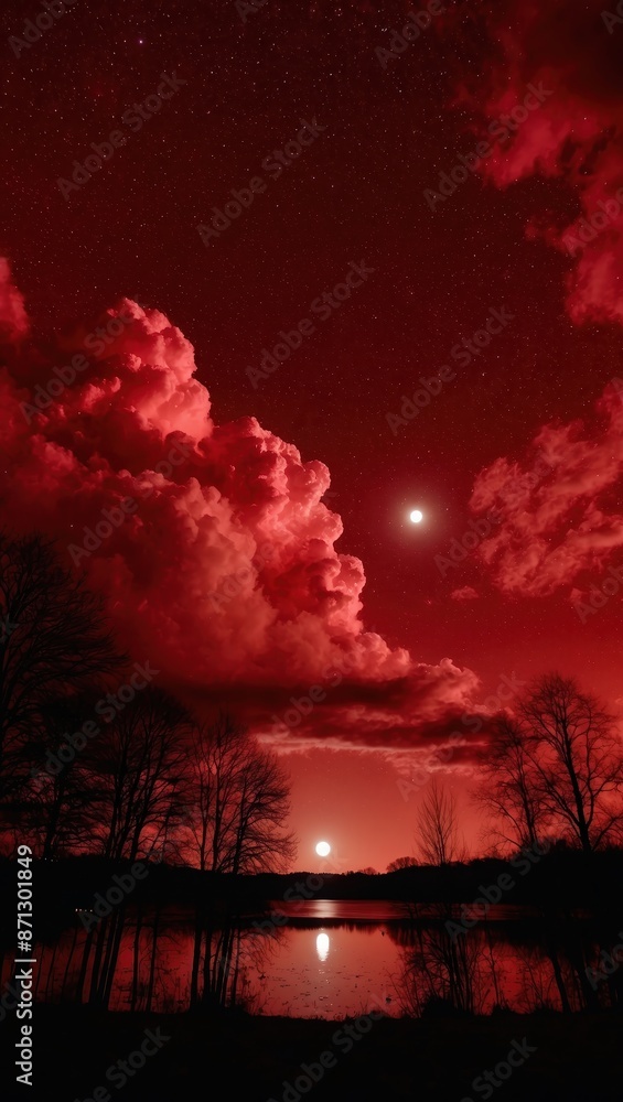 A starry red night sky with huge pink clouds taking up most of the scenecanvas with afar bright moon A starry red night sky with huge pink clouds taking up most of the scenecanvas with afar bright moon