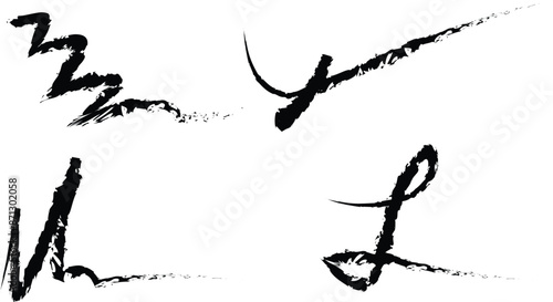 distinct brushstroke designs in black ink: zigzag pattern, sweeping curve, dynamic stroke, and looping curve