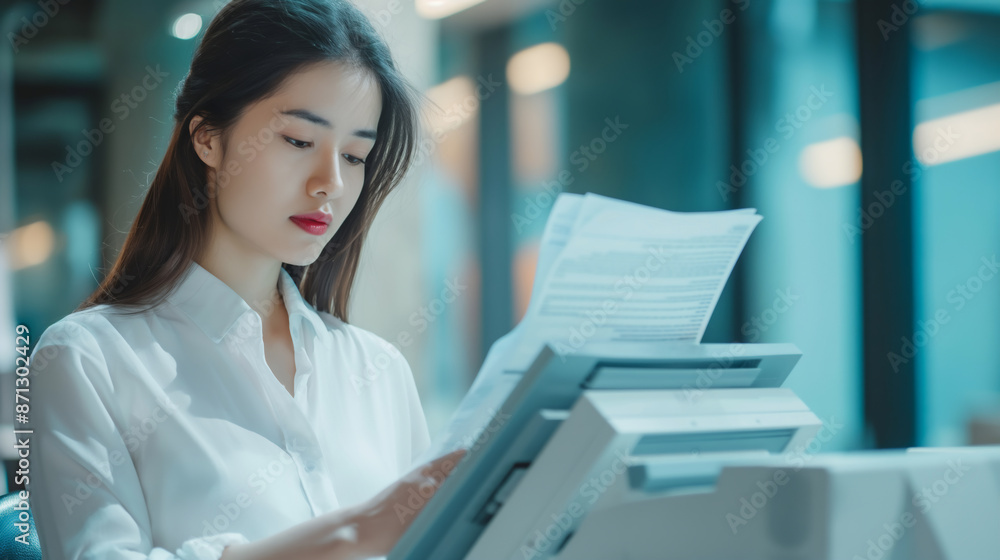 young lady as secretary is printing financial report young lady as secretary is printing financial report