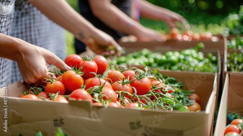 Community-supported agriculture with boxes of fresh produce being delivered to local residents photo