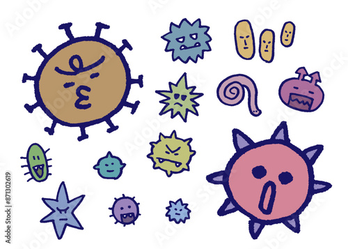 色とりどりの怖かわいいウイルスのキャラ素材