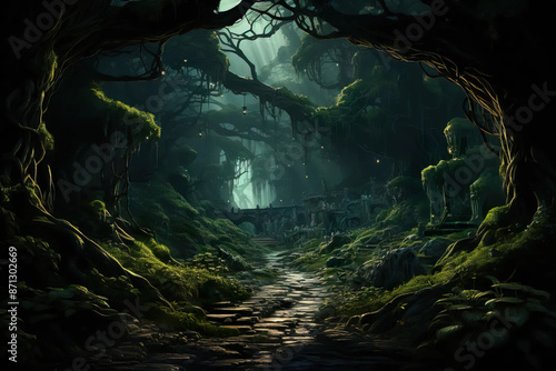 Guardian groves: Enchanted forest with mystical tree spirits Fantasy wallpaper