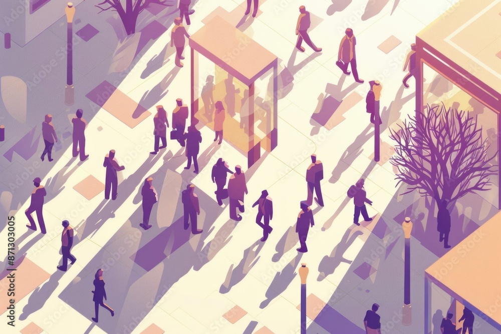 Busy city street scene with people walking, trees, and buildings in isometric view for travel and business background Busy city street scene with people walking, trees, and buildings in isometric view for travel and business background