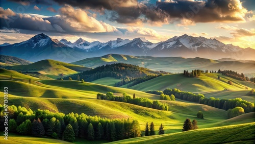 Wallpaper Mural Rolling hills leading to a majestic mountain range, nature, scenery, panoramic, serene, tranquil, outdoor, wilderness Torontodigital.ca