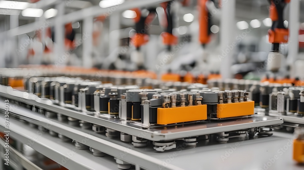Battery cell assembly line for electric vehicles in mass production close-up picture Battery cell assembly line for electric vehicles in mass production close-up picture