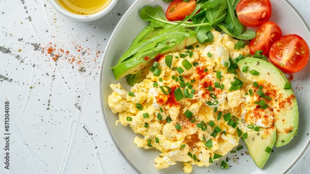 Healthy breakfast of scrambled eggs, greens, avocado, diced tomatoes on a modern plate, isolated background, studio lighting, perfect for advertising Healthy breakfast of scrambled eggs, greens, avocado, diced tomatoes on a modern plate, isolated background, studio lighting, perfect for advertising