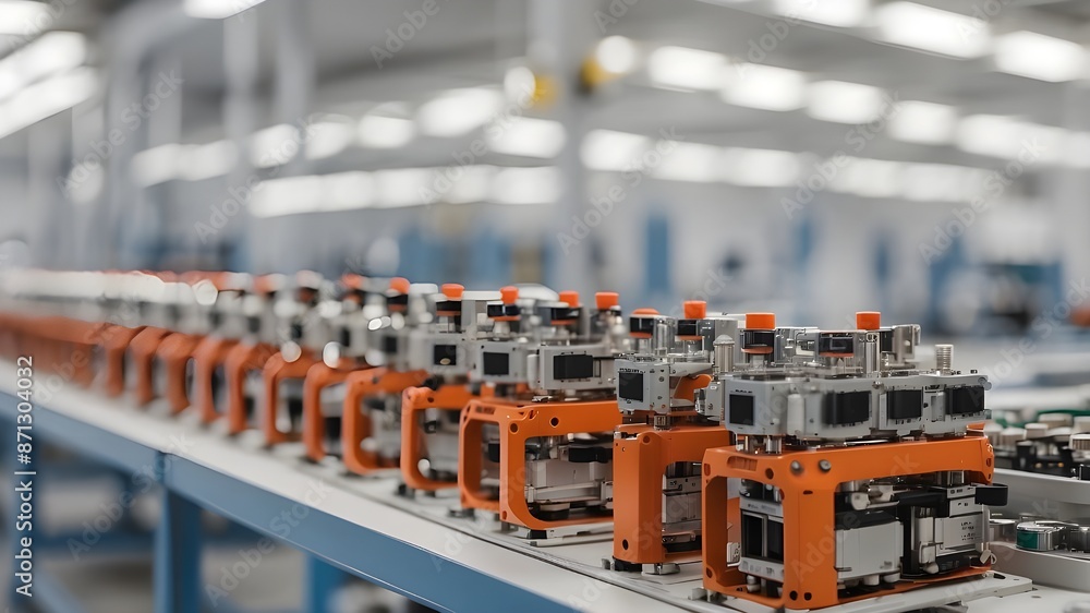 Battery cell assembly line for electric vehicles in mass production close-up picture Battery cell assembly line for electric vehicles in mass production close-up picture