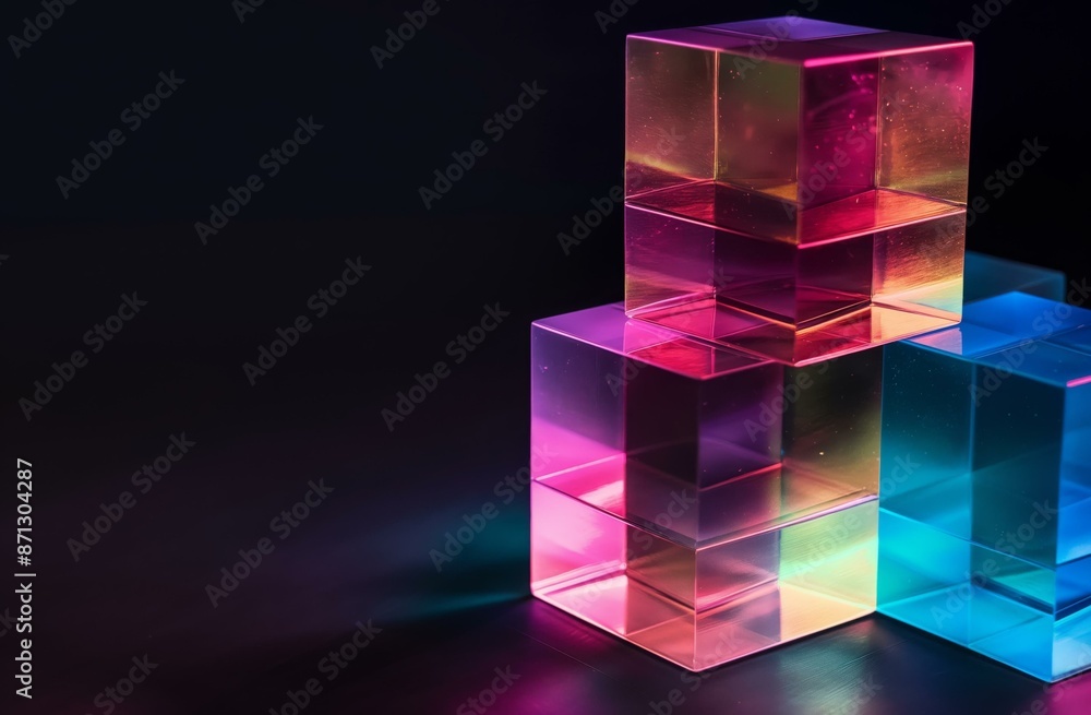 A vibrant close-up of three stacked glass blocks in blue, pink, and yellow colors illuminated against a dark background. A vibrant close-up of three stacked glass blocks in blue, pink, and yellow colors illuminated against a dark background.