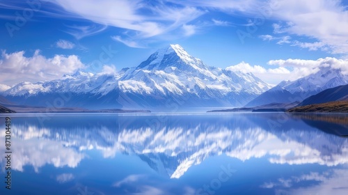 Highlight the serene majesty of snow-capped mountains reflected in a pristine lake