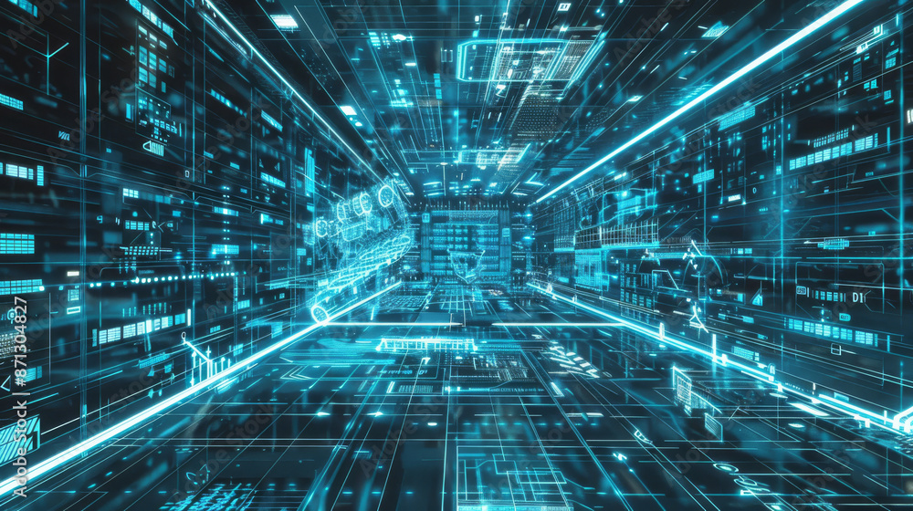 Obraz premium A futuristic digital tunnel with blue neon lights and complex data structures, simulating rapid data flow and high-tech environments.