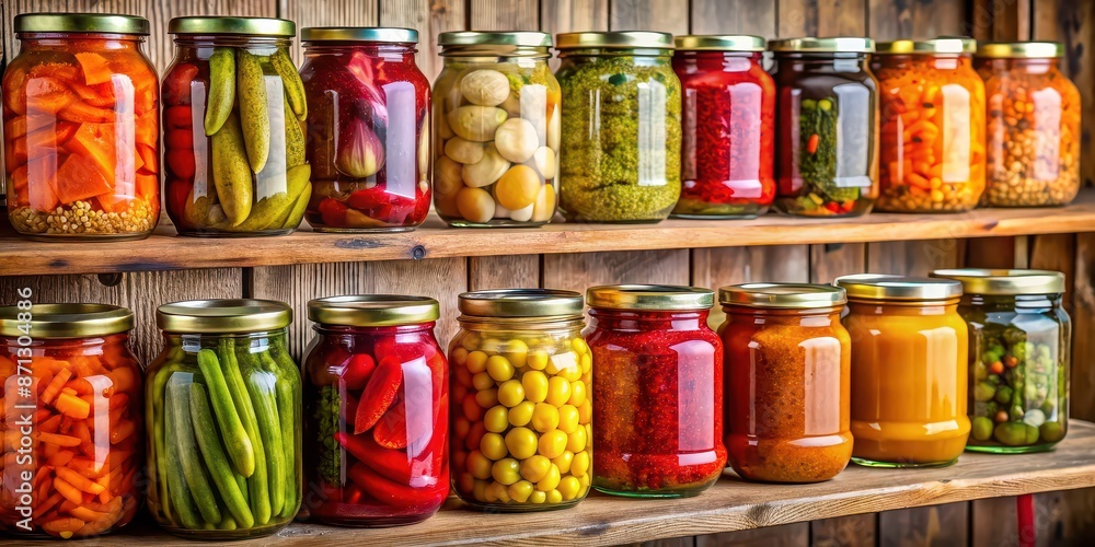 Jars of homemade canned vegetables stored in a pantry for winter conservation, canned, vegetables, jars, home Jars of homemade canned vegetables stored in a pantry for winter conservation, canned, vegetables, jars, home