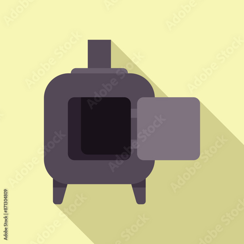 Old burning stove with open door for heating, solid fuel boiler with a long shadow on a light yellow background