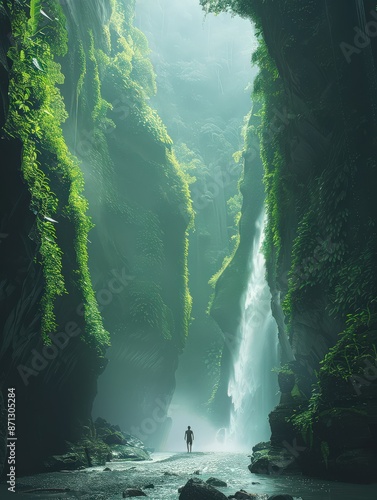 A lone figure stands in awe before a cascading waterfall hidden within a lush, green canyon. Sunlight streams through the opening, illuminating the scene. photo