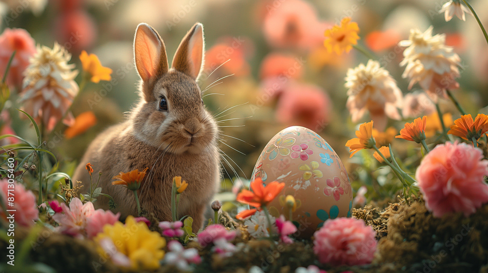 An Easter bunny sitting next to a giant decorated egg, surrounded by blooming spring flowers, with plenty of copy space. The scene is vibrant and festive, capturing the essence of Easter. An Easter bunny sitting next to a giant decorated egg, surrounded by blooming spring flowers, with plenty of copy space. The scene is vibrant and festive, capturing the essence of Easter.